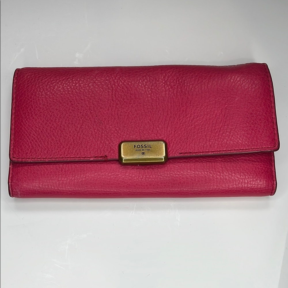 FOSSIL - Pink Leather Tri-Fold Wallet with Gold Accent